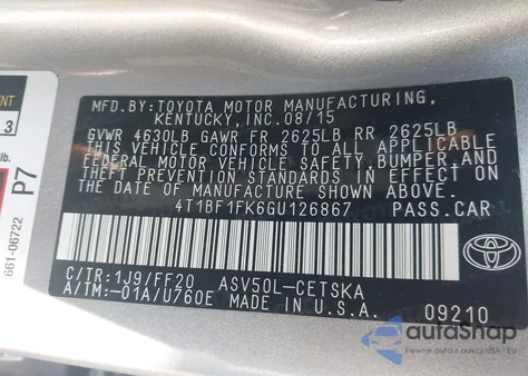 2016 Toyota Camry Se из США, поврежденный, VIN 4T1BF1FK6GU126867